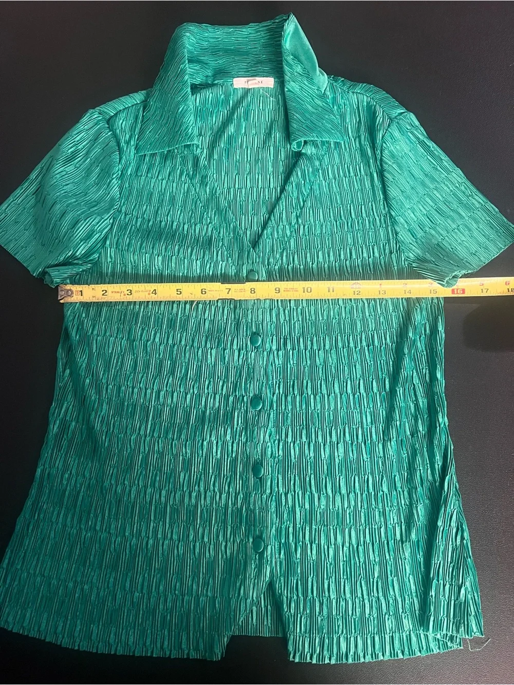 Pleione Womens Blouse Size M Green Textured Button-Up Short Sleeve Stretchy - Picture 5 of 6
